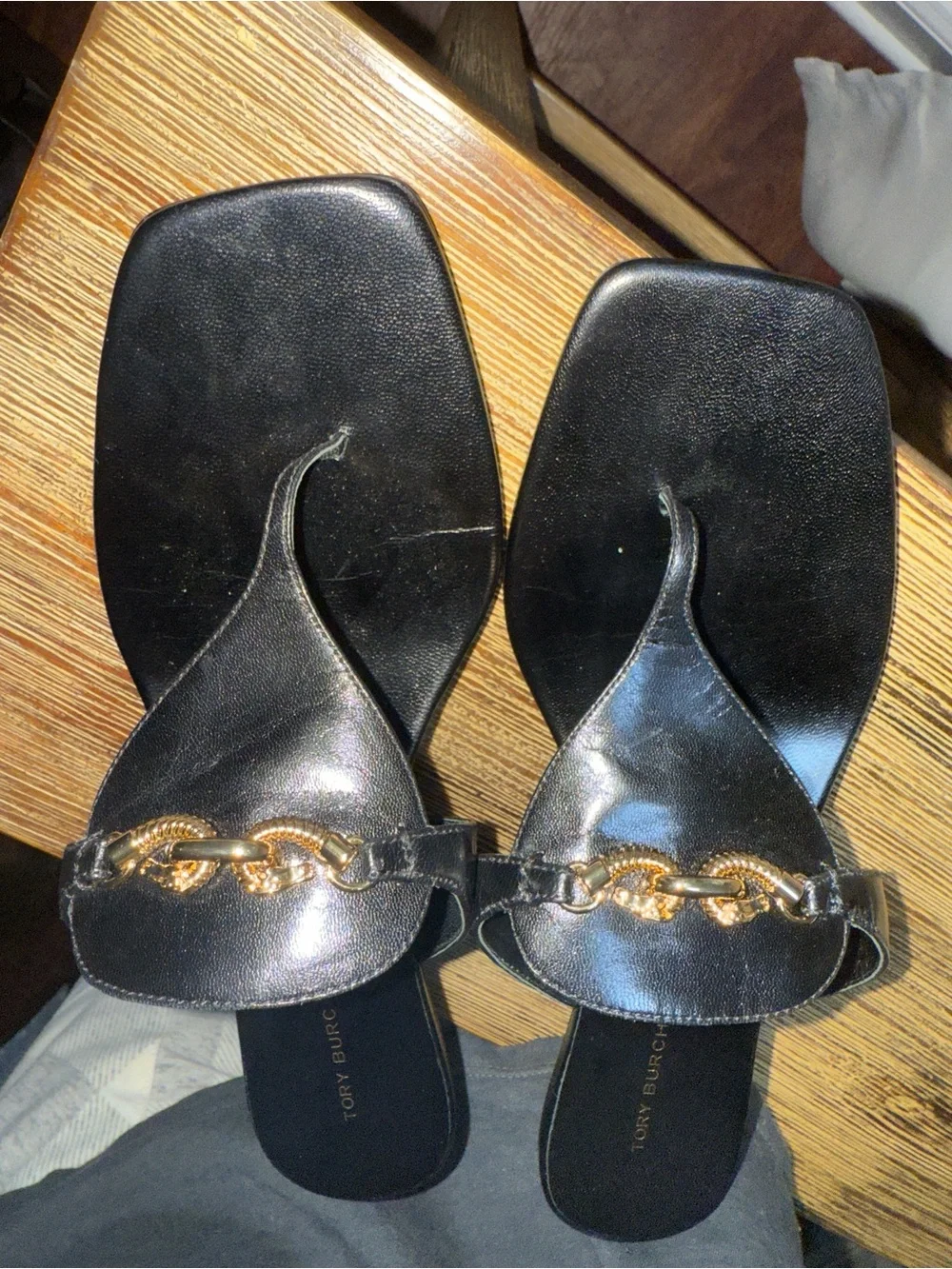 Tory Burch Black Leather Thong Sandals with Gold Chain Detail